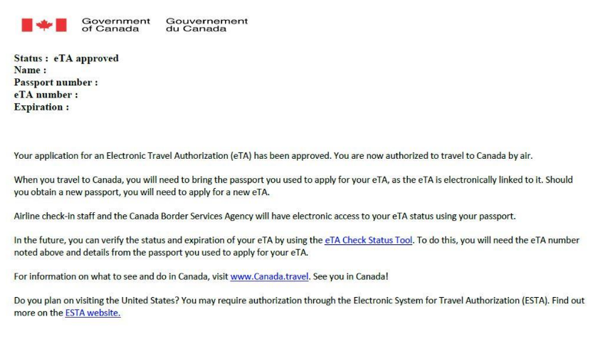 eTA 申請流程 | 申請批准確認信