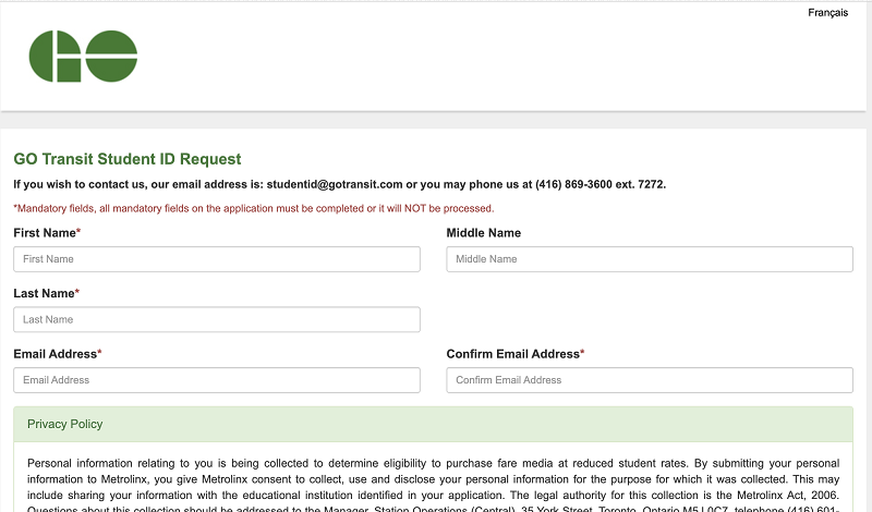 Go Transit Student ID Request